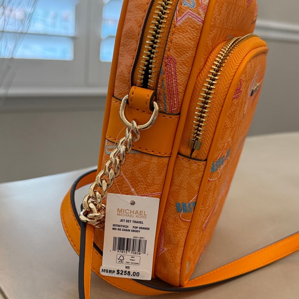 Michael Kors Jet Set Travel Vibrant Orange Graphic Crossbody Bag - Picture 2 of 12